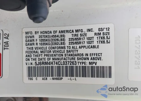 2012 Honda Cr-V Ex-L z USA, uszkodzony, nr VIN 5J6RM4H74CL037263